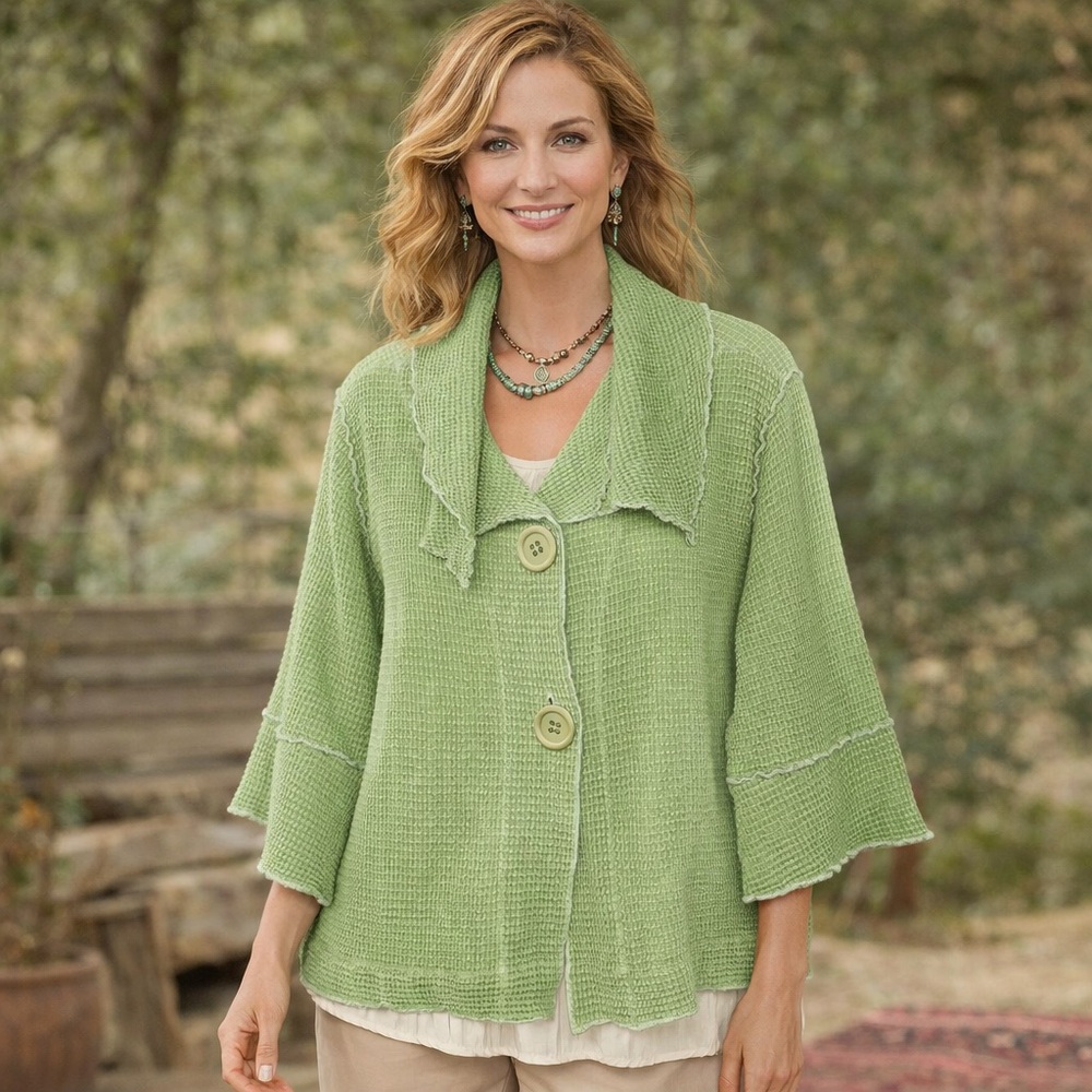 FOCUS Waffle Knit Button Jacket Pistachio Green Size L 100% Cotton Textured - Picture 11 of 11